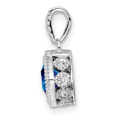 14K White Gold Cushion Sapphire and Diamond Pendant with Side Diamond Detail