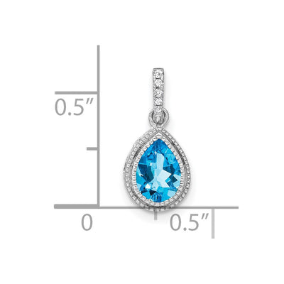 14K White Gold Pear Blue Topaz and Diamond Pendant, 15.65 x 7.3mm