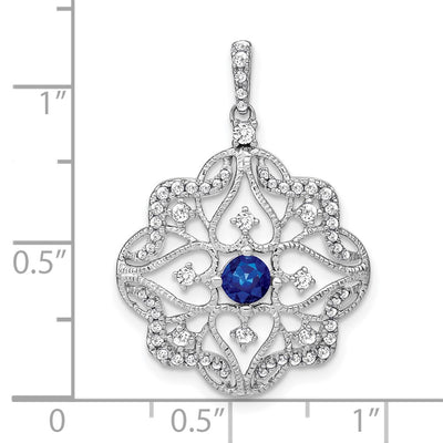 14K White Gold Sapphire and Diamond Vintage Filigree Pendant