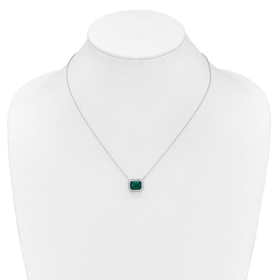 14K White Gold Octagon Lab Created Emerald and Diamond East-West Halo Necklace