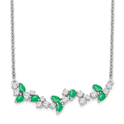 14K White Gold Marquise Emerald and Diamond Floral Bar Necklace