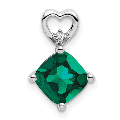 14K White Gold Created Emerald and Diamond Heart Chain Slide