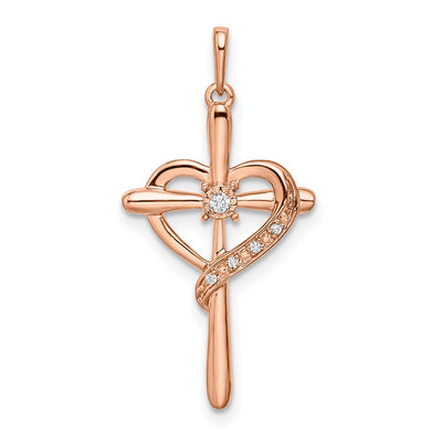 14K Rose Gold Cross w/Heart Diamond Pendant