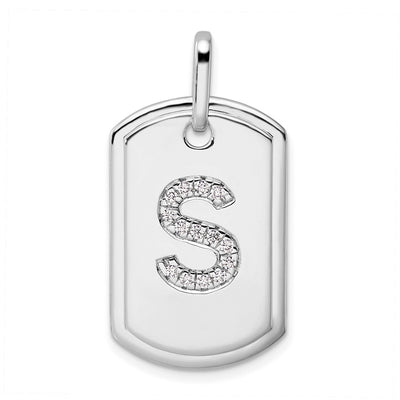 14K White Gold Diamond Initial S Dog Tag Charm