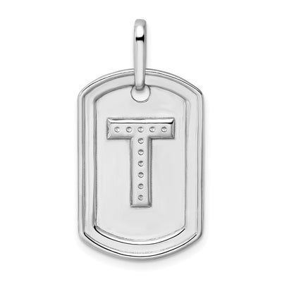 14K White Gold Diamond Initial T Dog Tag Charm