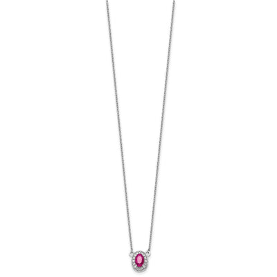 14K White Gold Diamond and Oval Ruby Halo Necklace, 18 x 8mm