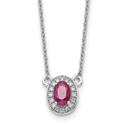 14K White Gold Diamond and Oval Ruby Halo Necklace, 18 x 8mm