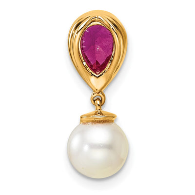 14K Polished Diamond Pearl and Ruby Teardrop Chain Slide