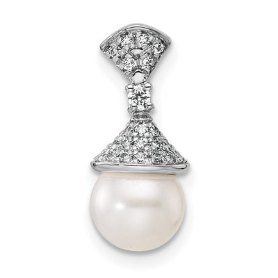 14K White Gold Polished 1/8 carat Diamond and White Freshwater Cultured Pearl Chain Slide