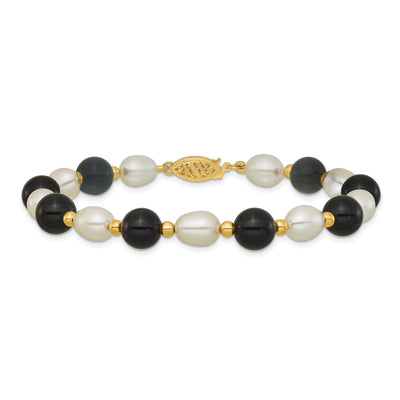 14K White Rice Freshwater Cultured Pearl and Onyx Beads Bracelet