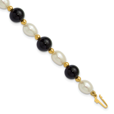 14K White Rice Freshwater Cultured Pearl and Onyx Beads Bracelet