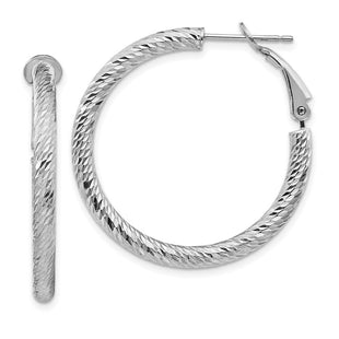 14k White Gold Diamond-cut Round Omega Back Hoop Earrings (Style PRE940W)