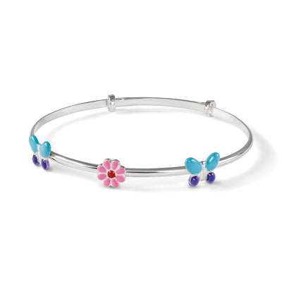 Sterling Silver Enameled Flower & Butterfly Adjustable Children's Bangle
