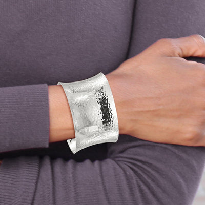 Sterling Silver Polished Concave Hammered Cuff Bangle