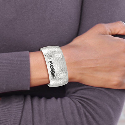Sterling Silver Polished Domed Hammered Cuff Bangle