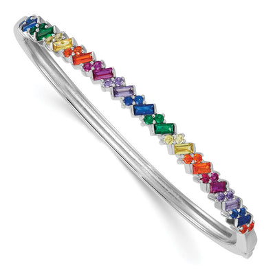 Sterling Silver Rhodium-plated Polished Multi-color Rainbow Round and Emerald-shape Nano Crystal Hinged Bangle