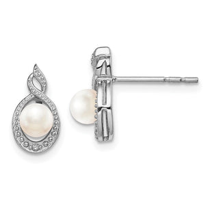 Sterling Silver Rhodium-plated FW Cultured Pearl & Diam. Earrings (Style QBE18JUN)