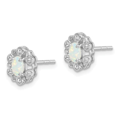 Sterling Silver Rhodium-plated Created Opal & Diam. Earrings, 9 x 7mm
