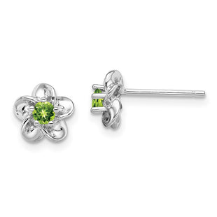 Sterling Silver Rhodium-plated Floral Peridot Post Earrings (Style QBE30PE)