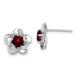 Sterling Silver Rhodium-plated Floral Garnet Post Earrings (Style QBE31JAN)