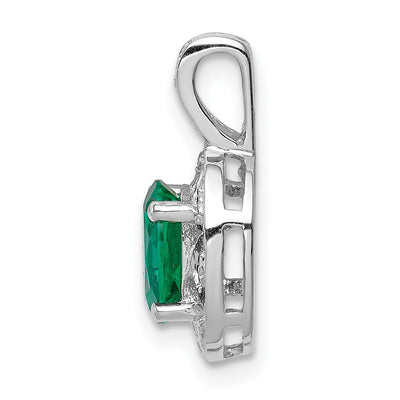 Sterling Silver Rhodium-plated Diam. & Created Emerald Pendant, 16 x 9mm