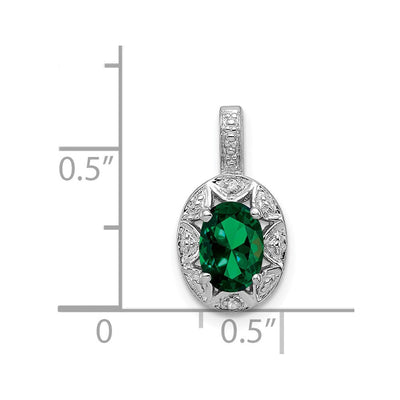 Sterling Silver Rhodium-plated Diam. & Created Emerald Pendant, 16 x 9mm