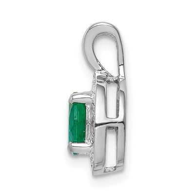 Sterling Silver Rhodium-plated Diam. & Created Emerald Pendant, 14 x 10mm