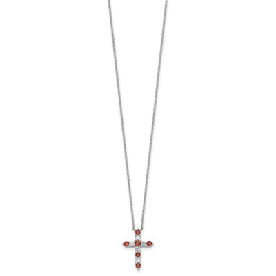 SS RH-plated Red CZ January Birthstone Cross w/2in ext Necklace