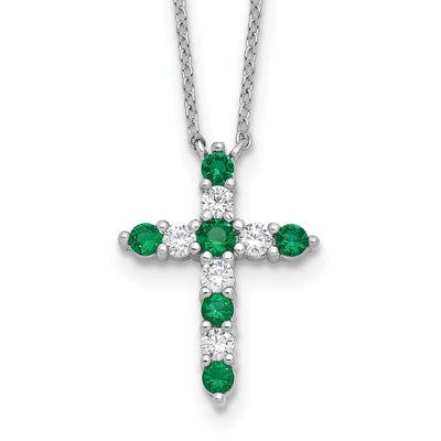 SS RH-plated Green CZ May Birthstone Cross w/2in ext Necklace