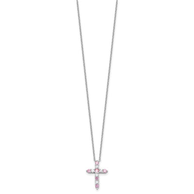 SS RH-plated Pink CZ October Birthstone Cross w/2in ext Necklace