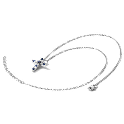 SS RH-plated Dark Blue CZ Sept Birthstone Cross w/2in ext Necklace