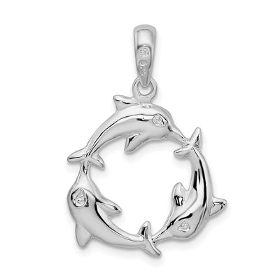 De-Ani Sterling Silver Rhodium-Plated Polished 3 Dolphin Circle Pendant