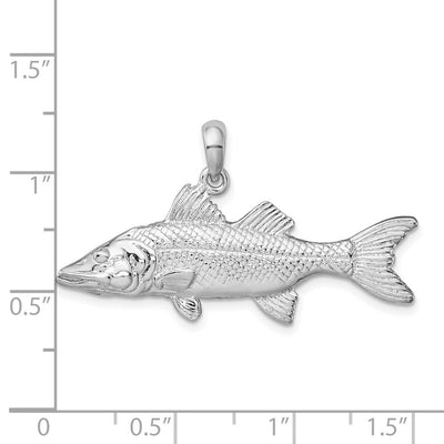 De-Ani Sterling Silver Rhodium-Plated Polished 3D Snook Fish Pendant, 22 x 39mm