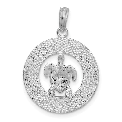De-Ani Sterling Silver Rhodium-Plated Port Aransas Circle with Turtle Pendant