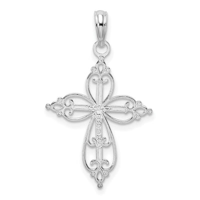De-Ani Sterling Silver Rhodium-plated Polished Fancy Filigree with Beaded Center Cross Pendant