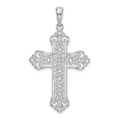 De-Ani Sterling Silver Rhodium-Plated Polished Filigree Fleur de Lis Cross Pendant