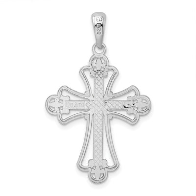 De-Ani Sterling Silver Rhodium-plated Polished Beaded Fleur de Lis Cross Pendant
