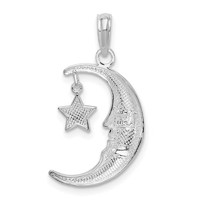 De-Ani Sterling Silver Rhodium-plated Moveable Polished Crescent Moon with Star Pendant