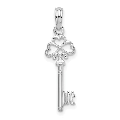 De-Ani Sterling Silver Rhodium-Plated Polished 3D Key with Hearts Top Pendant