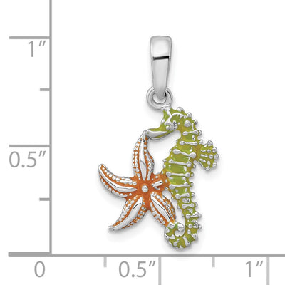 De-Ani Sterling Silver Rhodium-Plated Enameled Starfish and Seahorse Pendant