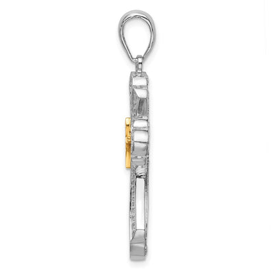 De-Ani Sterling Silver Rhodium-Plated Filigree Budded Cross with 14K Accent Pendant