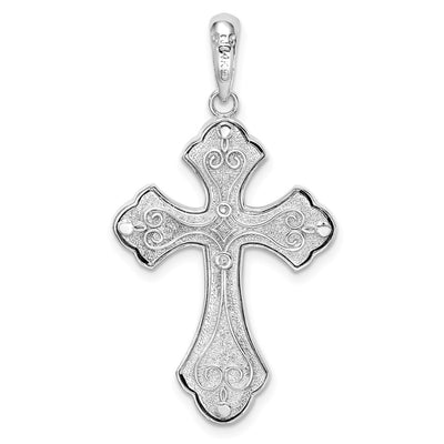 De-Ani Sterling Silver Rhodium-Plated Filigree Budded Cross with 14K Accent Pendant
