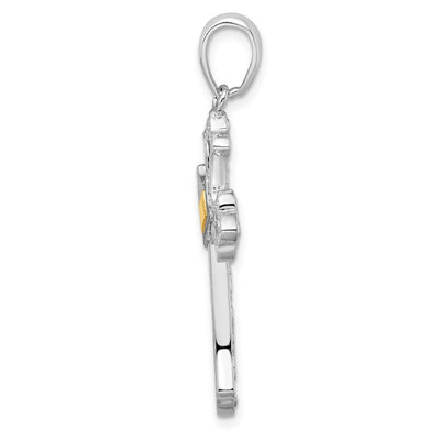De-Ani Sterling Silver Rhodium-Plated Diamond-Cut Fleur de Lis Cross with 14K Accent Pendant