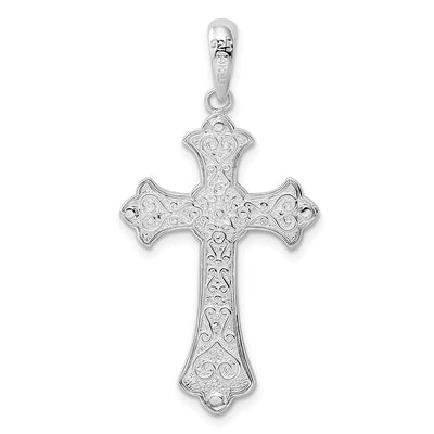 De-Ani Sterling Silver Rhodium-Plated Diamond-Cut Fleur de Lis Cross with 14K Accent Pendant