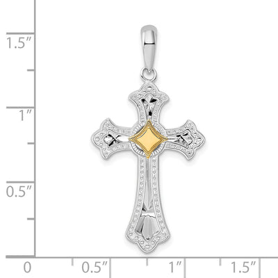 De-Ani Sterling Silver Rhodium-Plated Diamond-Cut Fleur de Lis Cross with 14K Accent Pendant