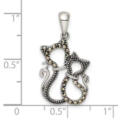 Sterling Silver Antiqued Polished Marcasite Cats Pendant