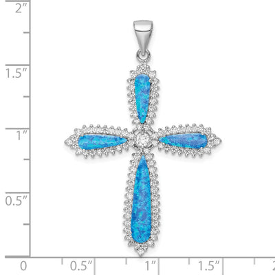 Sterling Silver RH-plated Blue Created Opal & CZ Border Cross Pendant