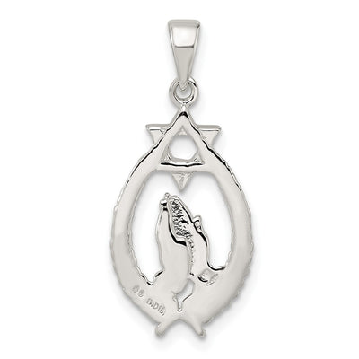 Sterling Silver Polished Star of David w/Praying Hands Pendant