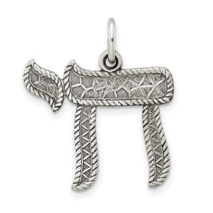 Sterling Silver Solid Antiqued and Textured Chai Symbol Pendant (Style QC11236)