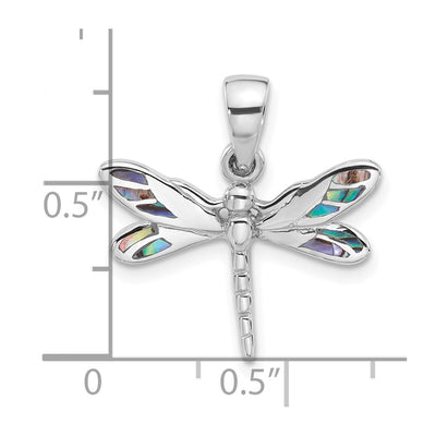 Sterling Silver Rhodium-plated Polished Abalone Dragonfly Pendant, 20.1 x 21.1mm